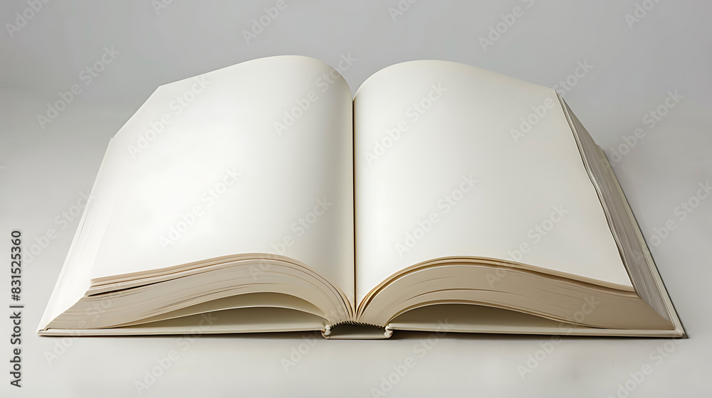 an open book with blank pages against a plain background. The book lies flat, and both pages are fully visible