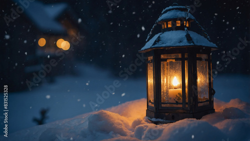 Snow-covered Christmas lantern glowing softly in the wintry night. photo