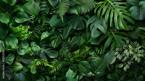 a variety of green plants with different leaf patterns and shapes, creating a dense foliage scene photo