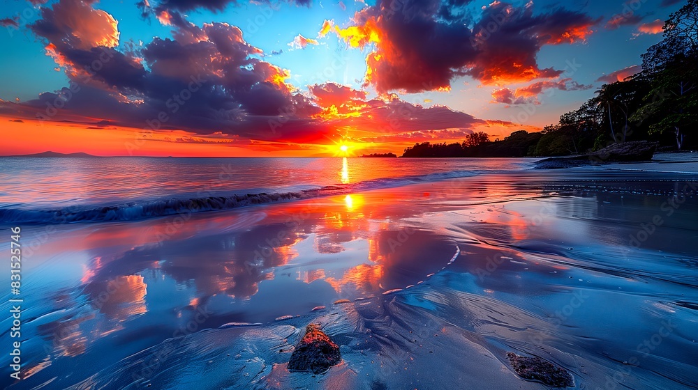 Stunning Beach Sunset With Vibrant Colors Reflecting On The Water And Wet Sand Stunning Beach Sunset With Vibrant Colors Reflecting On The Water And Wet Sand