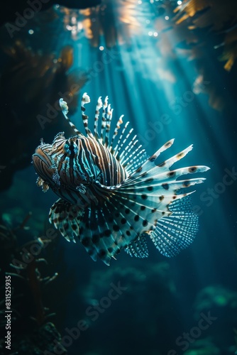 a lionfish swimming in the deep blue sea  underwater photography  sunlight shining on it from above  wide angle shot  hyper realistic  national geographic style photo 