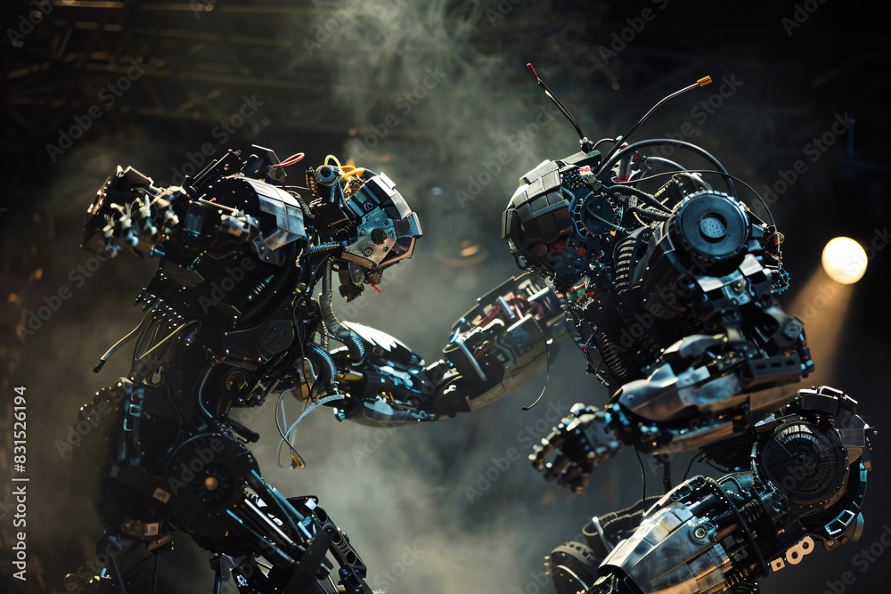 Two highly detailed robots engaged in a fierce battle amidst smoke and dynamic lights, showcasing futuristic technology and combat Two highly detailed robots engaged in a fierce battle amidst smoke and dynamic lights, showcasing futuristic technology and combat