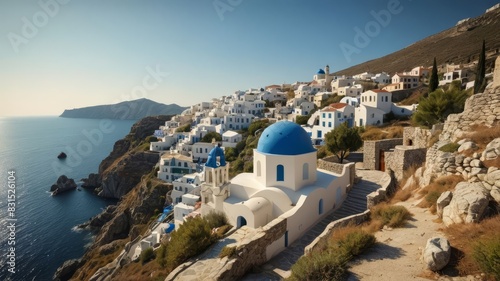 Picturesque Greek Village on a Hill Overlooking the Sea with a Byzantine Church and Blue Domes