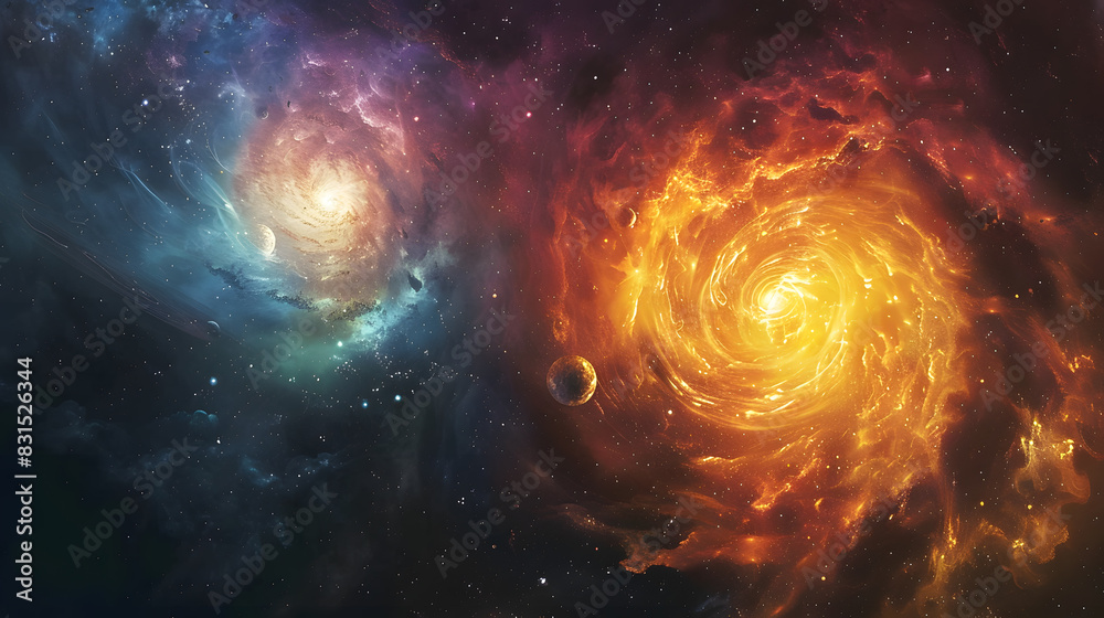 A spiral galaxy with a bright yellow star in the center A spiral galaxy with a bright yellow star in the center