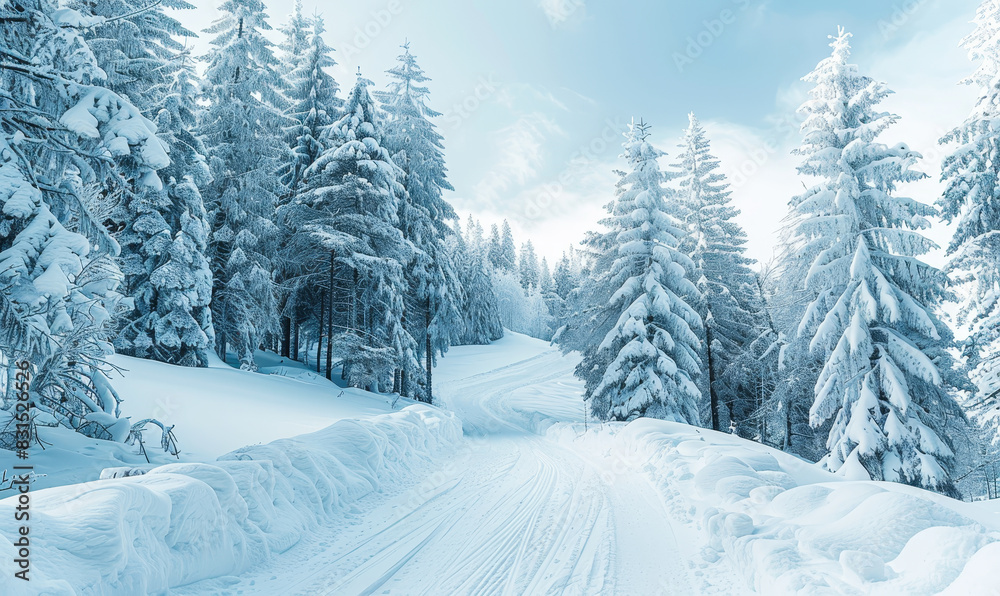 Obraz premium Serene Snow-Covered Pine Trees on a Winter Hillside in the Early Morning