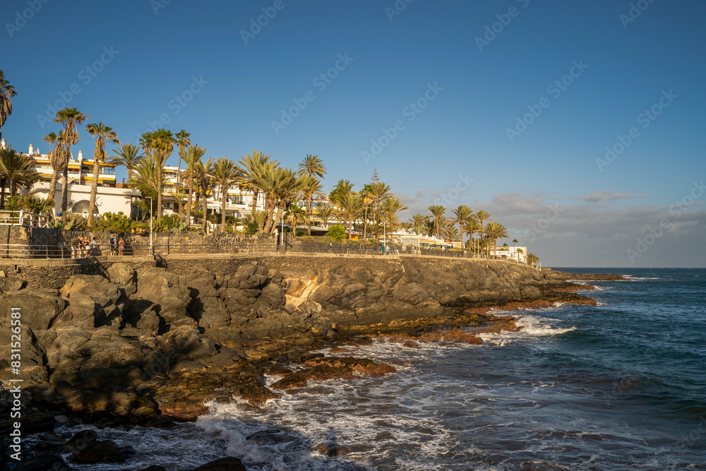 View on the beach Playa de Morro Jable and village Morro Jable on the Canary Island Fuerteventura, Spain.