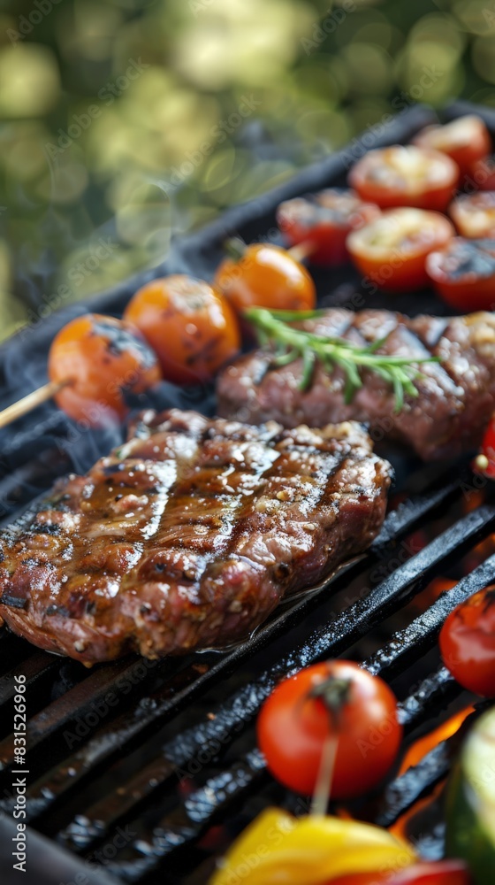Grilled meat and vegetables on a barbecue with smoky aroma. Perfect for summer cookouts and festive outdoor gatherings. Grilled meat and vegetables on a barbecue with smoky aroma. Perfect for summer cookouts and festive outdoor gatherings.