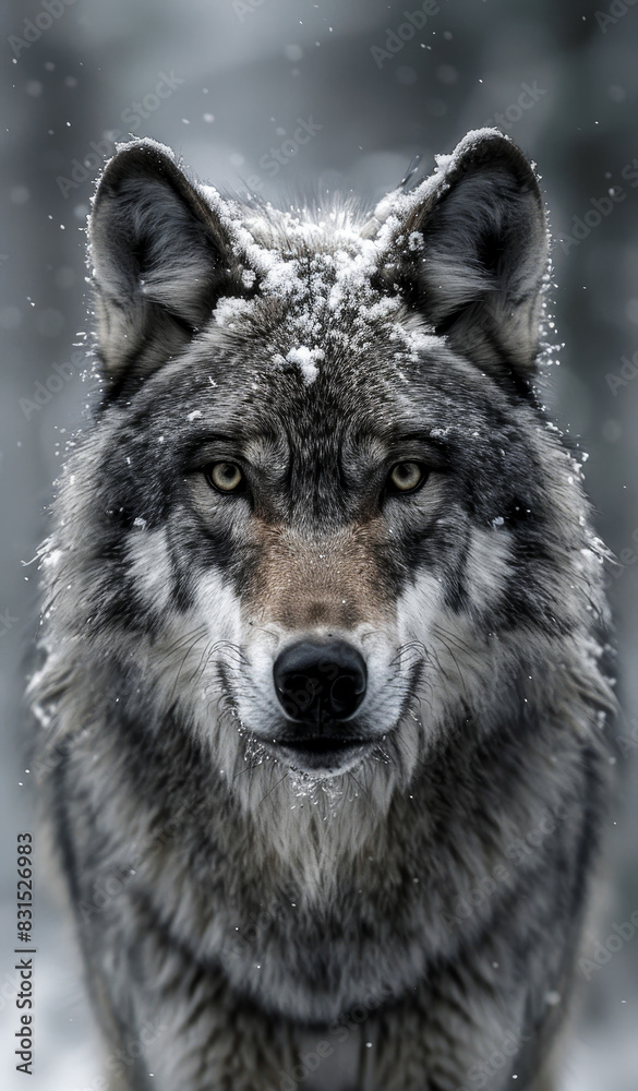 Intense Closeup of an Angry Snow-Covered Wolf with Blurred Background in a Greyscale Winter Wilderness Setting, Portraying Power, Strength, and Wild Nature Intense Closeup of an Angry Snow-Covered Wolf with Blurred Background in a Greyscale Winter Wilderness Setting, Portraying Power, Strength, and Wild Nature