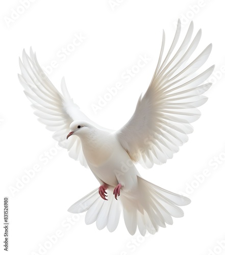 A white dove with its wings spread against a white background