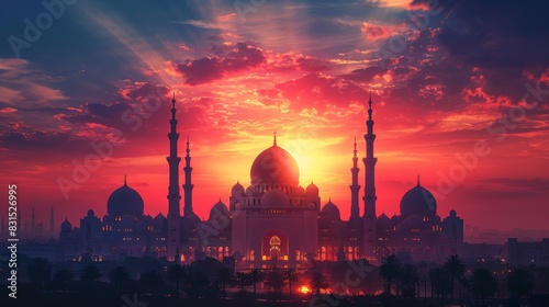 illustrative eid al-adha banner featuring detailed mosque outline under vibrant sunset sky, symbolizing islamic festival celebration