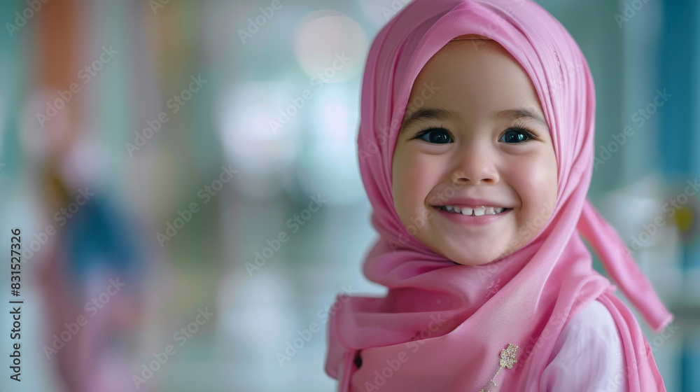 Young girl in pink hijab poses with a joyful, vibrant smile Young girl in pink hijab poses with a joyful, vibrant smile