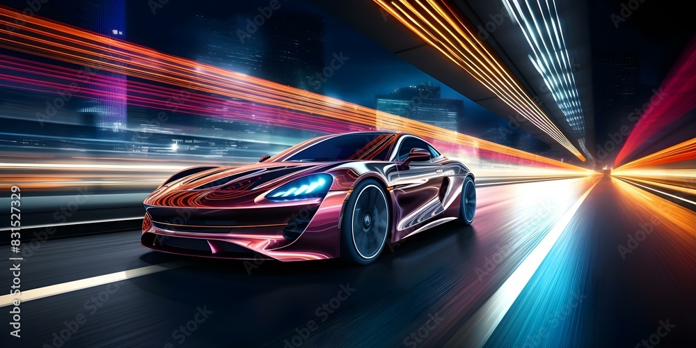 Speeding Through a Neon-Lit Night Highway: A Futuristic Sports Car's Vibrant Journey. Concept Neon Lights, Night Highway, Futuristic Car, Sports Car, Vibrant Journey