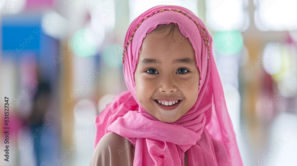 Close-up of a cheerful young girl wearing a pink hijab with a soft-focus background Close-up of a cheerful young girl wearing a pink hijab with a soft-focus background