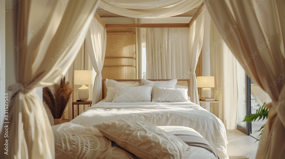 A bed with a canopy and white sheets A bed with a canopy and white sheets