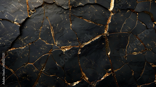 Abstract dark black cracked stone concrete wall or floor texture with golden background with cracks, damaged old dark 3d illustration backdrop design pattern photo