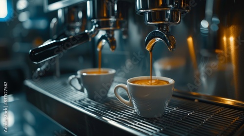 Espresso being freshly poured from a coffee machine into cups