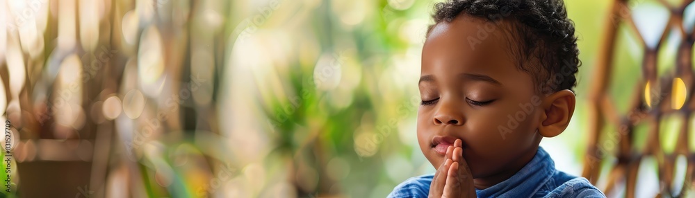 A child dressed in colorful traditional attire, stands with hands clasped in a gesture of prayer against a vibrant background A child dressed in colorful traditional attire, stands with hands clasped in a gesture of prayer against a vibrant background