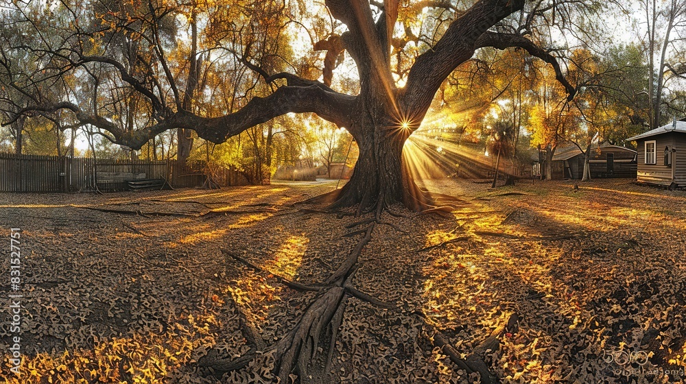 Fototapeta premium A large tree's branches catch the sunlight in a field surrounded by fallen leaves
