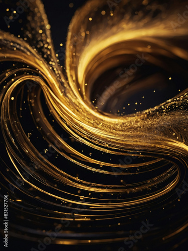 Sophisticated golden wave with bokeh swirl represents fluid data transfer on black.