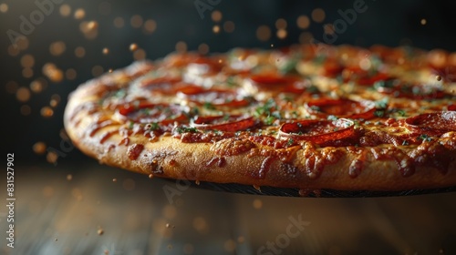 flying pizza  white background  photo realistic