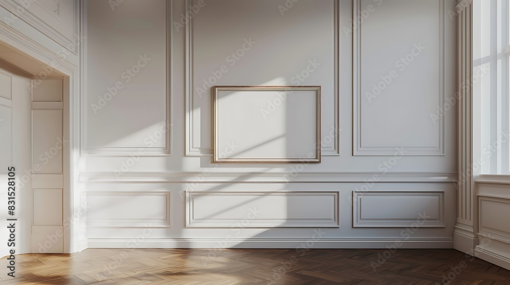 Fototapeta premium Bright empty room with wooden floor and white walls.