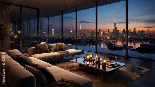 A modern living room with a large glass window looking out onto a city skyline at night.