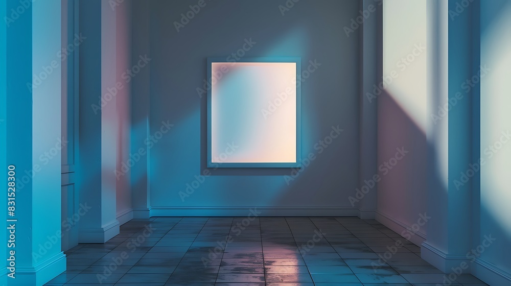 The image is a 3D rendering of an empty room with a blank frame on the wall The image is a 3D rendering of an empty room with a blank frame on the wall