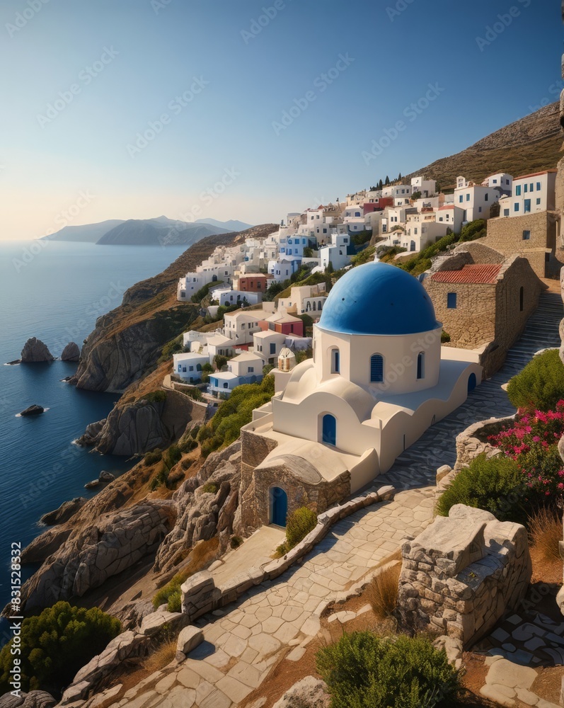 Picturesque Greek Village on a Hill Overlooking the Sea with a Byzantine Church and Blue Domes