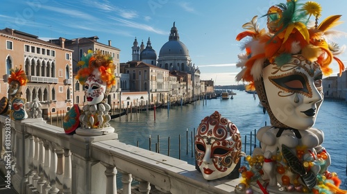 A Venetian balustrade with intricate masks and carnival decorations overlooks serene canals, evoking grandeur.