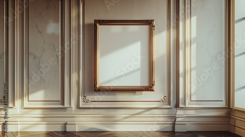 The image shows a blank frame hanging on a beige wall. photo