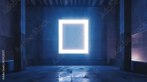 The image is a dark room with a glowing blue square in the center. The room is made of stone and has a high ceiling. The floor is covered in water.