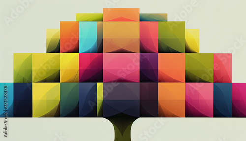 A tree displaying a vibrant array of colors with numerous squares attached to its branches and trunk. Each square is a different hue, creating a striking visual contrast against the trees natural foli