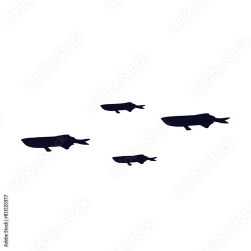 Silhouette  stamp of a school of sea fish. Vector graphics.