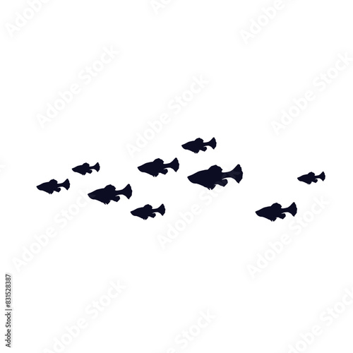 Silhouette, stamp of a school of sea fish. Vector graphics.
