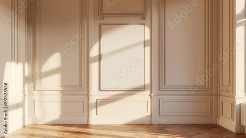 The image shows the interior of a room with a wooden floor and white walls with decorative moldings. The room is lit by sunlight streaming in through a window.