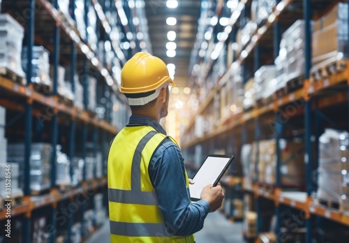 An engineer uses a tablet to manage inventory control and smart transportation with an intelligent warehouse management system, contributing to global logistics and industrial innovation.