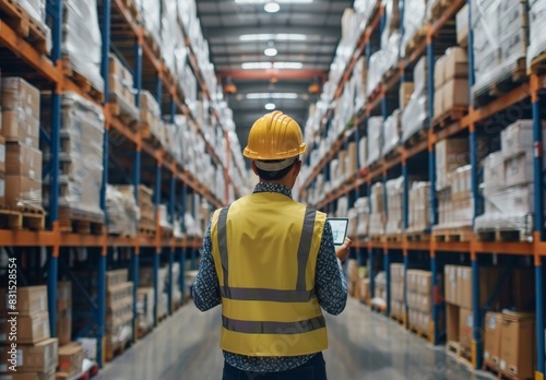 An engineer uses a tablet to manage inventory control and smart transportation with an intelligent warehouse management system, contributing to global logistics and industrial innovation. © Nicat