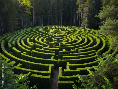 Spectacular maze winding through a vibrant green forest  providing an immersive experience in the heart of the wilderness.