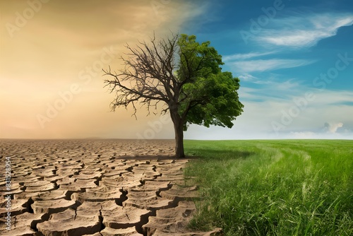 Drought stricken land and barren tree contrast with lush green field under clear sky