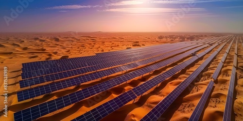 Harnessing Solar Power in Desert Farms: Converting Solar Energy to Electricity with Solar Panels. Concept Solar Energy, Desert Farming, Sustainability, Solar Panels, Electricity Generation