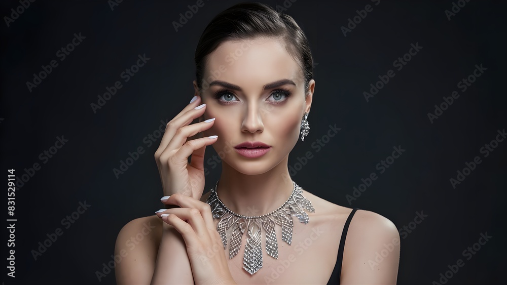 Obraz premium elegant lady with intricate silver valueable precious jewelry, monotonus black theme.