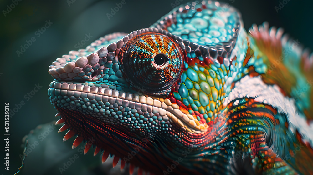 A colorful chameleon with a blue head and green and white body A colorful chameleon with a blue head and green and white body