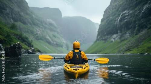 a boy athlete kayaking down a whitewater rapids river in the mountains