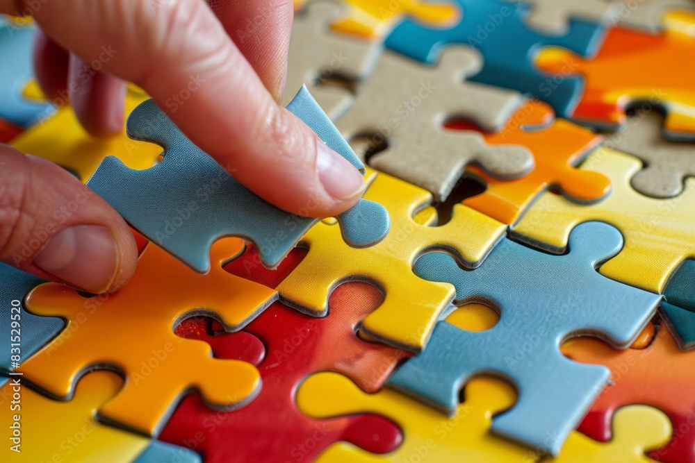 Person places puzzle piece into place. Person places puzzle piece into place.
