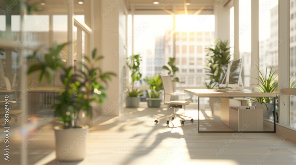 Fototapeta premium A spacious, modern office filled with natural light, featuring large windows, several indoor plants, minimalist furniture, and a serene atmosphere.
