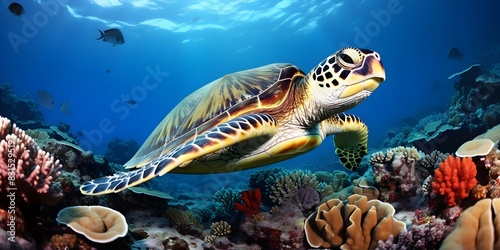 Hawksbill Turtle Glides Through Coral Reef in the Indian Ocean of Maldives. Concept Marine Life, Hawksbill Turtle, Coral Reef, Indian Ocean, Maldives