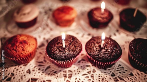  A set of cupcakes placed on a white doily beside those with lit candles
