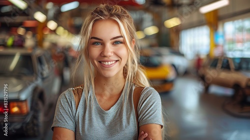 Wallpaper Mural Car saleswoman stands in the salesroom of a car dealership and smiles into the camera.  Torontodigital.ca