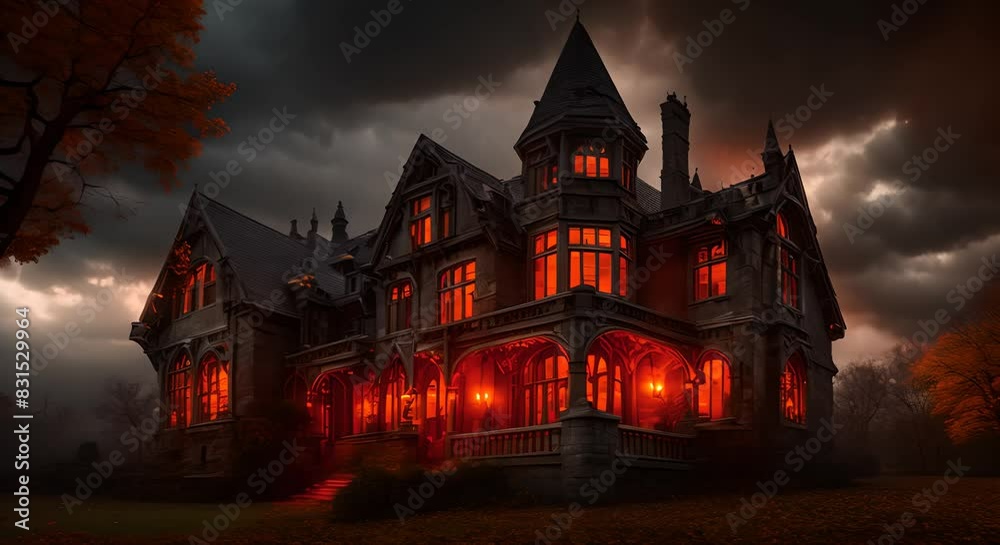 A spooky Halloween themed manor with glowing orange windows set against a dark and stormy sky The eerie atmosphere and gothic architecture make it perfect for a haunted night A spooky Halloween themed manor with glowing orange windows set against a dark and stormy sky The eerie atmosphere and gothic architecture make it perfect for a haunted night