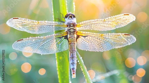A dragonfly is perched on a wet grass stem photo